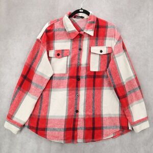 Trendy Queen Red Long Sleeve Plaid Flannel Button Down Pocket‎ Shacket Large